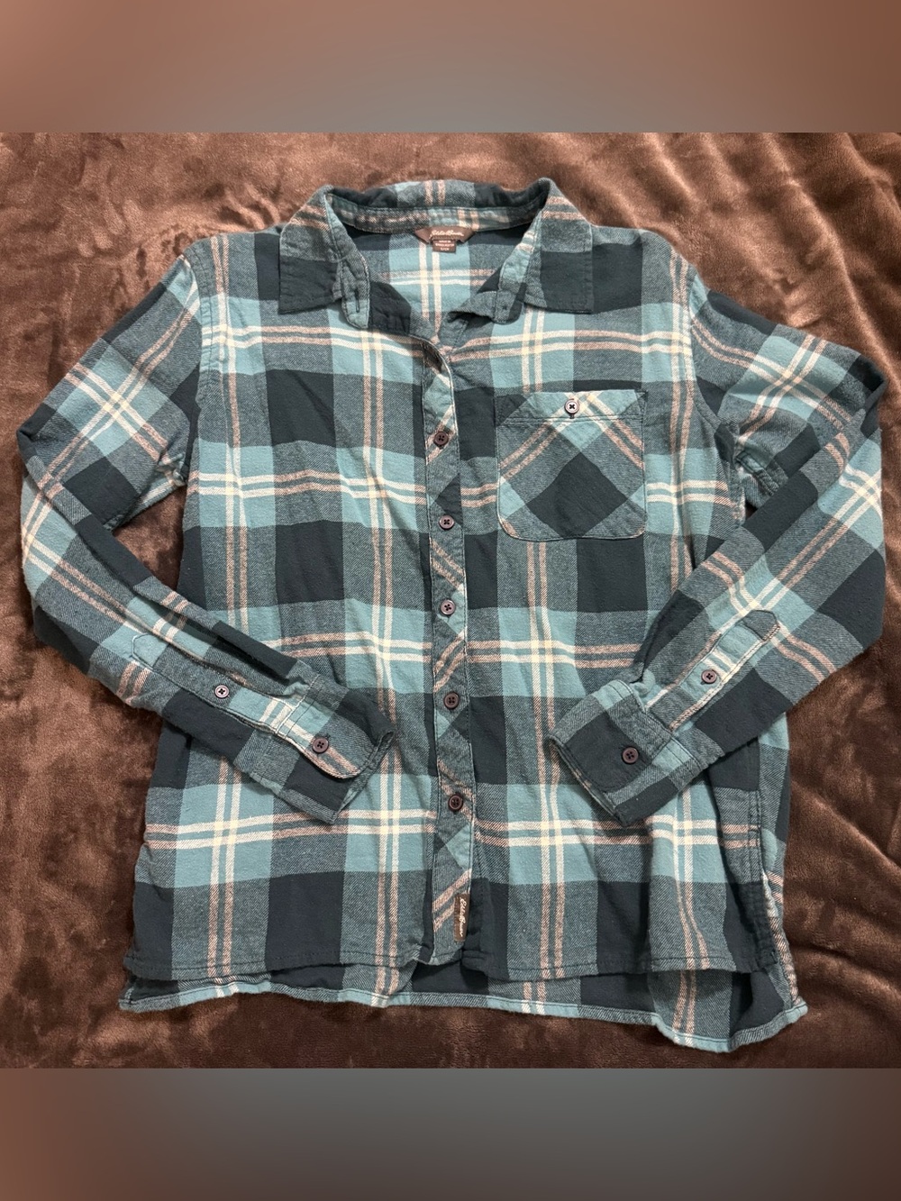 Eddie Bauer Teal and Dark Blue Plaid Button-Down Shirt